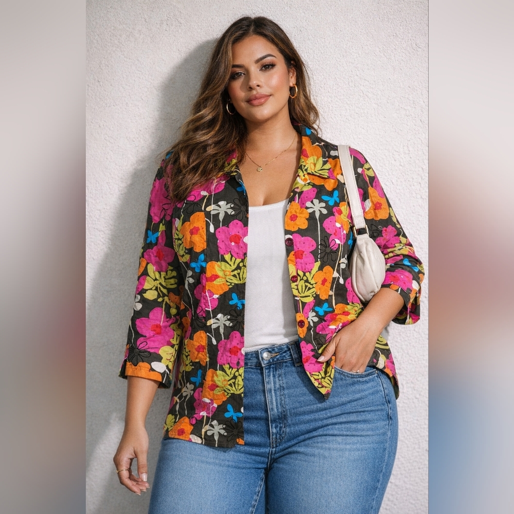 Plus 1X Floral‎ Jacket Lightweight Cotton Button Front Colorful Statement
